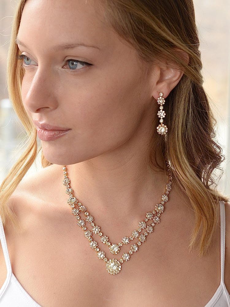 Mariell Gold Two-Row Rhinestone Crystal Necklace and Earrings Set - Prom, Brides and Bridesmaids Jewelry - Image 2